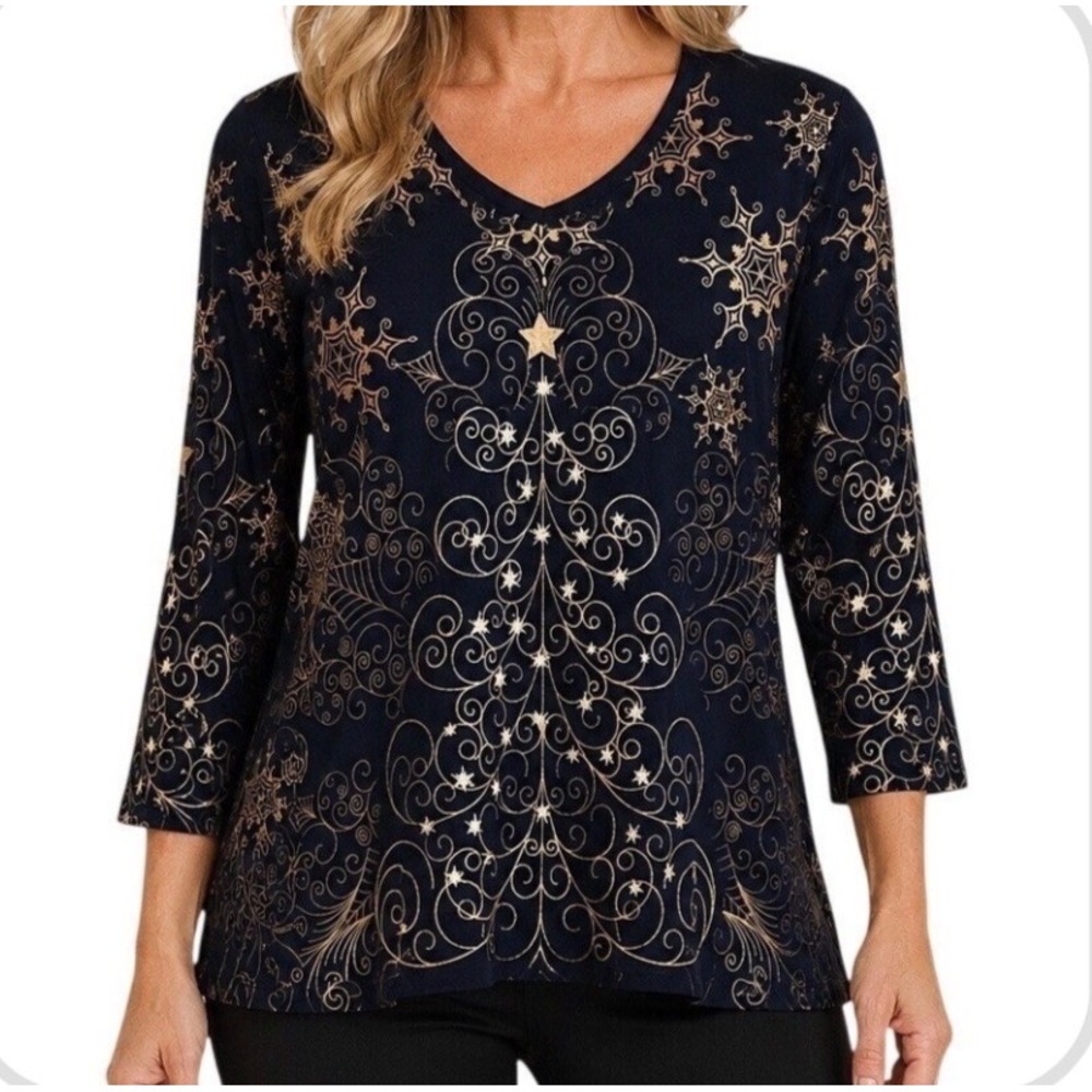 NEWโ Jess & Jane Small Christmas Star Top Black NWT Sleeve V-Neck Cotton